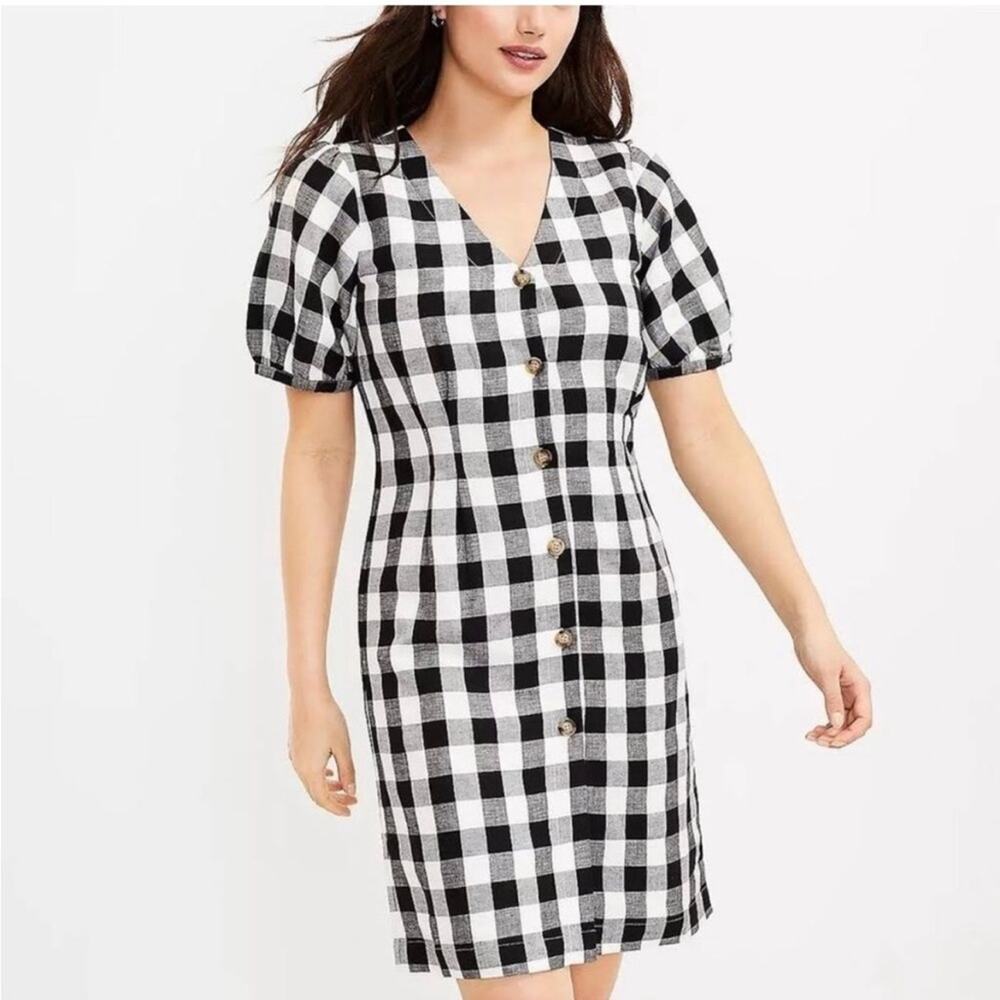 NWT Loft gingham check linen blend puff sleeve button down dress‎ Sz 6 petite